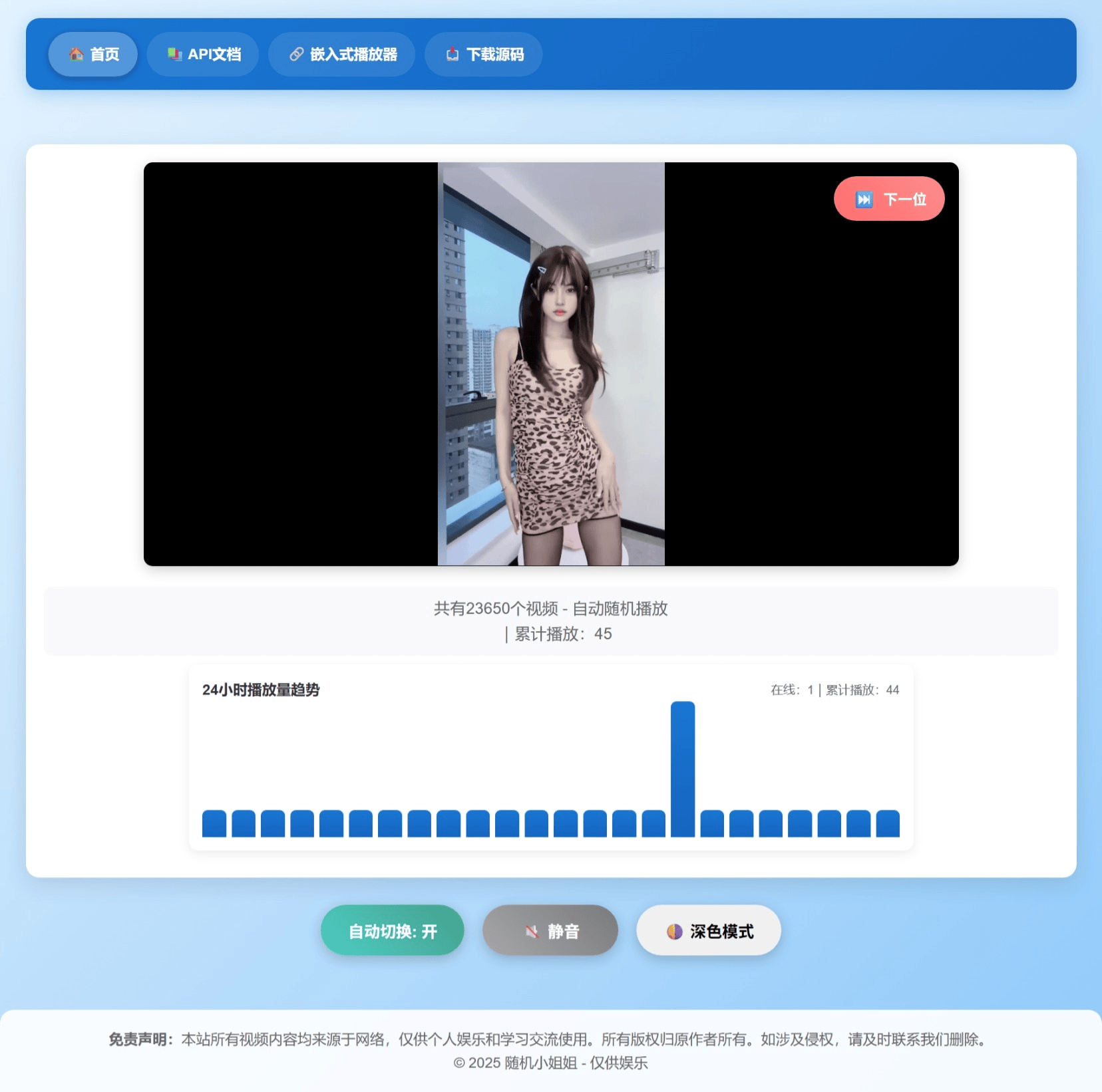 随机小姐姐热舞视频系统全新UI 深夜模式切换 带后台版v5.0「PHP源码」 - 道言分享网